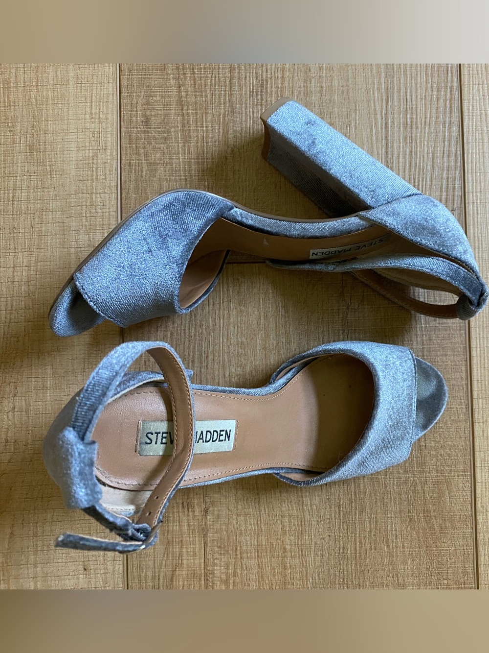 Steve Madden Light Blue Velvet Block Heels with Ankle Strap